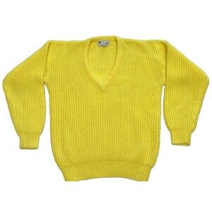 Vintage Bliss Canary Yellow Cable Knit Acrylic V-Neck Sweater Medium Korea